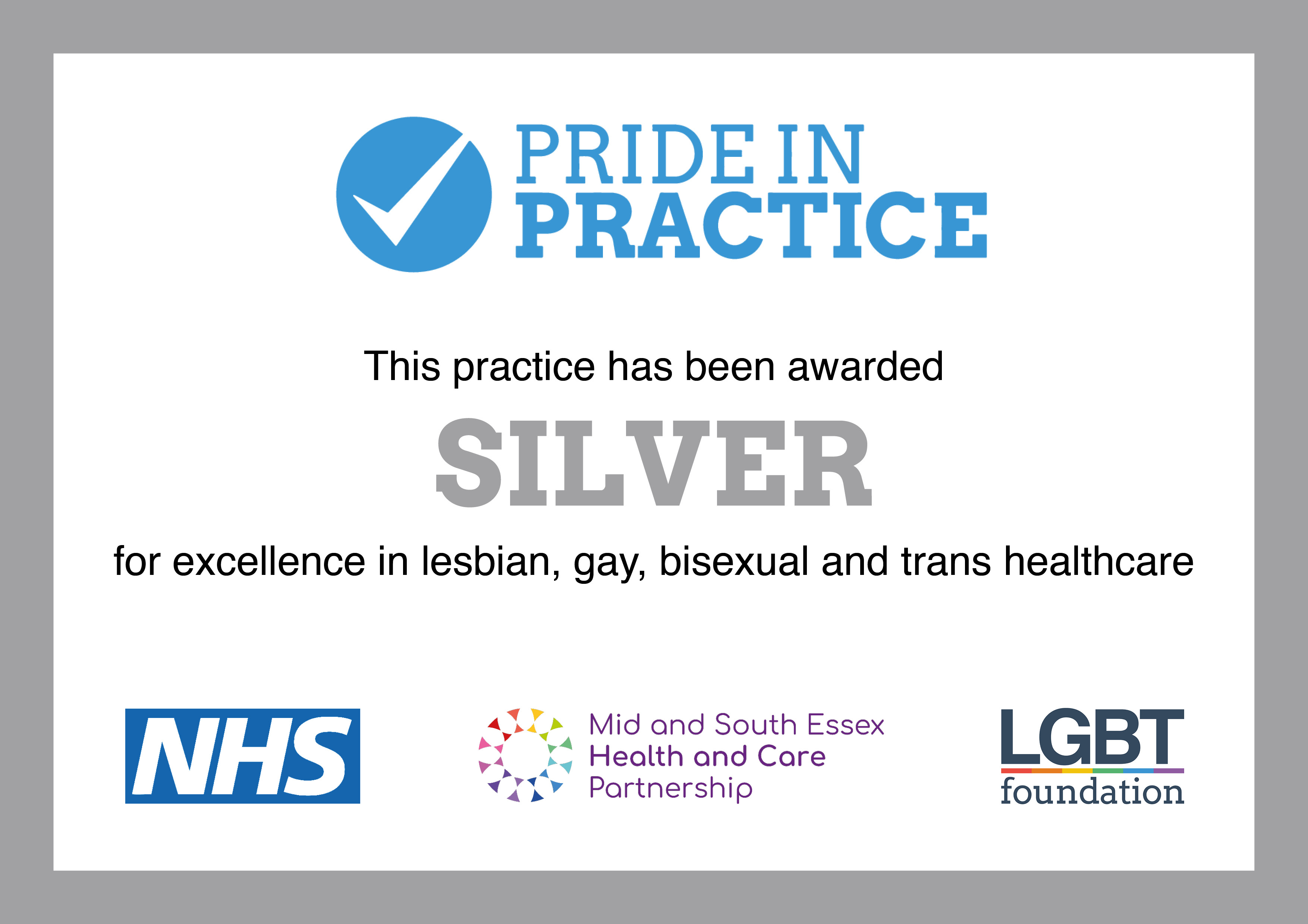 Silver Pride In Practice award certificate